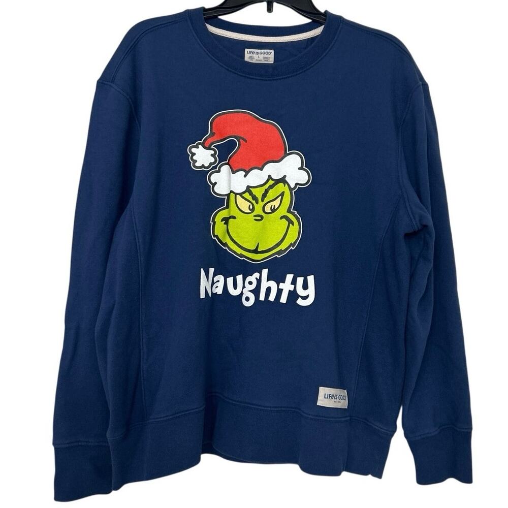 Life is Good Grinch “Naughty” Christmas Sweatshirt Women L Navy Thick Cotton